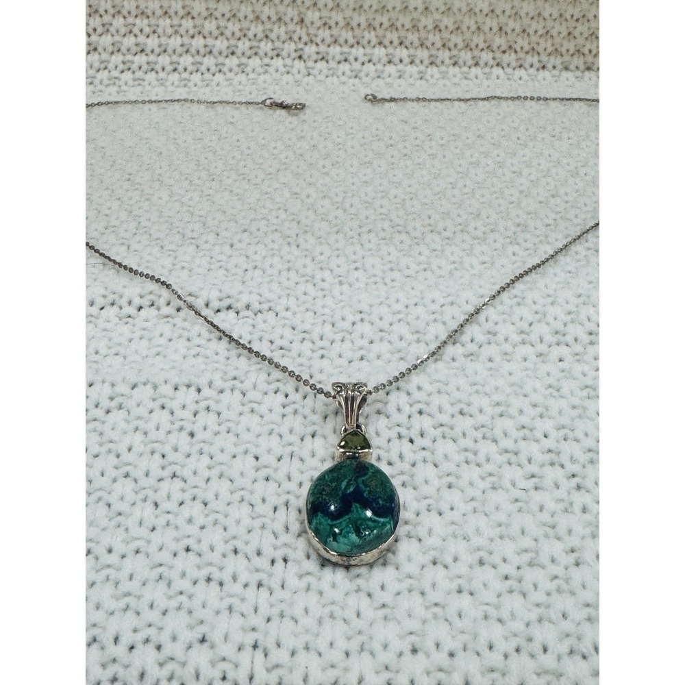 CII 925 Sterling Silver Green Blue Stone Pendant Necklace 24"